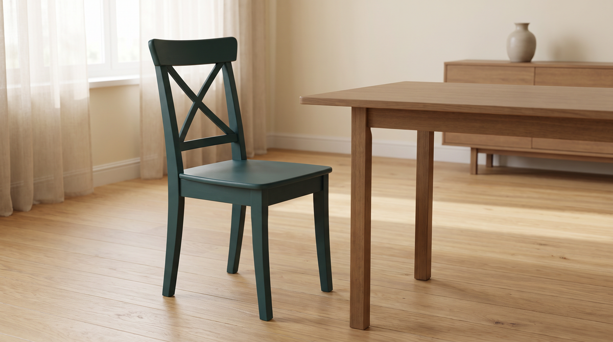 Chair 506 cross-back dining chair styled in a calm dining room