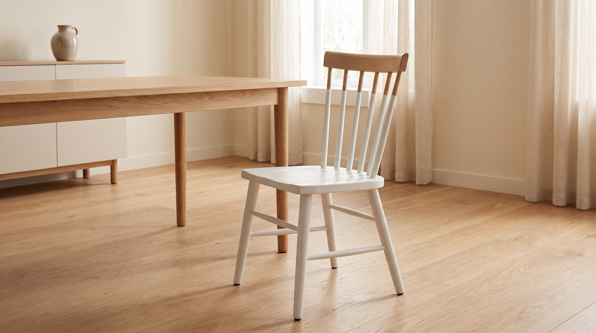 Chair 507 white spindle-back dining chair styled in a calm dining room