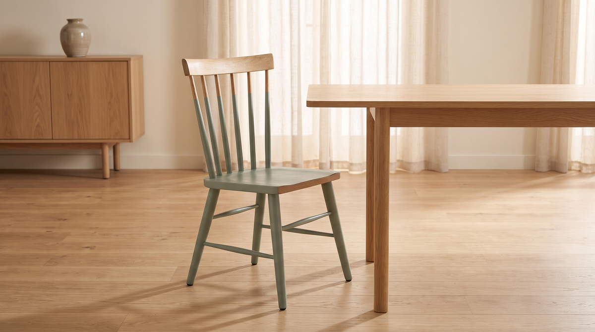 Chair 508 sage green spindle-back dining chair styled in a calm dining room