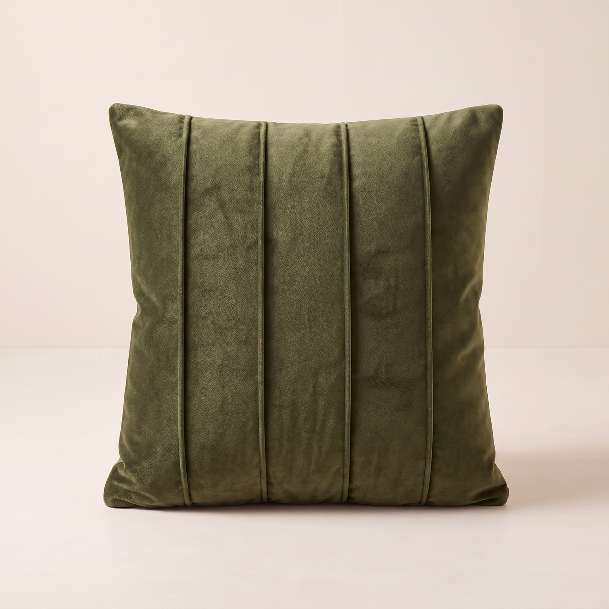 Channel Velvet Cushion in olive velvet, straight front view showing five vertical ribs
