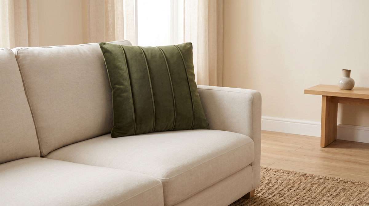 Channel Velvet Cushion styled on an ivory sofa in a calm living room
