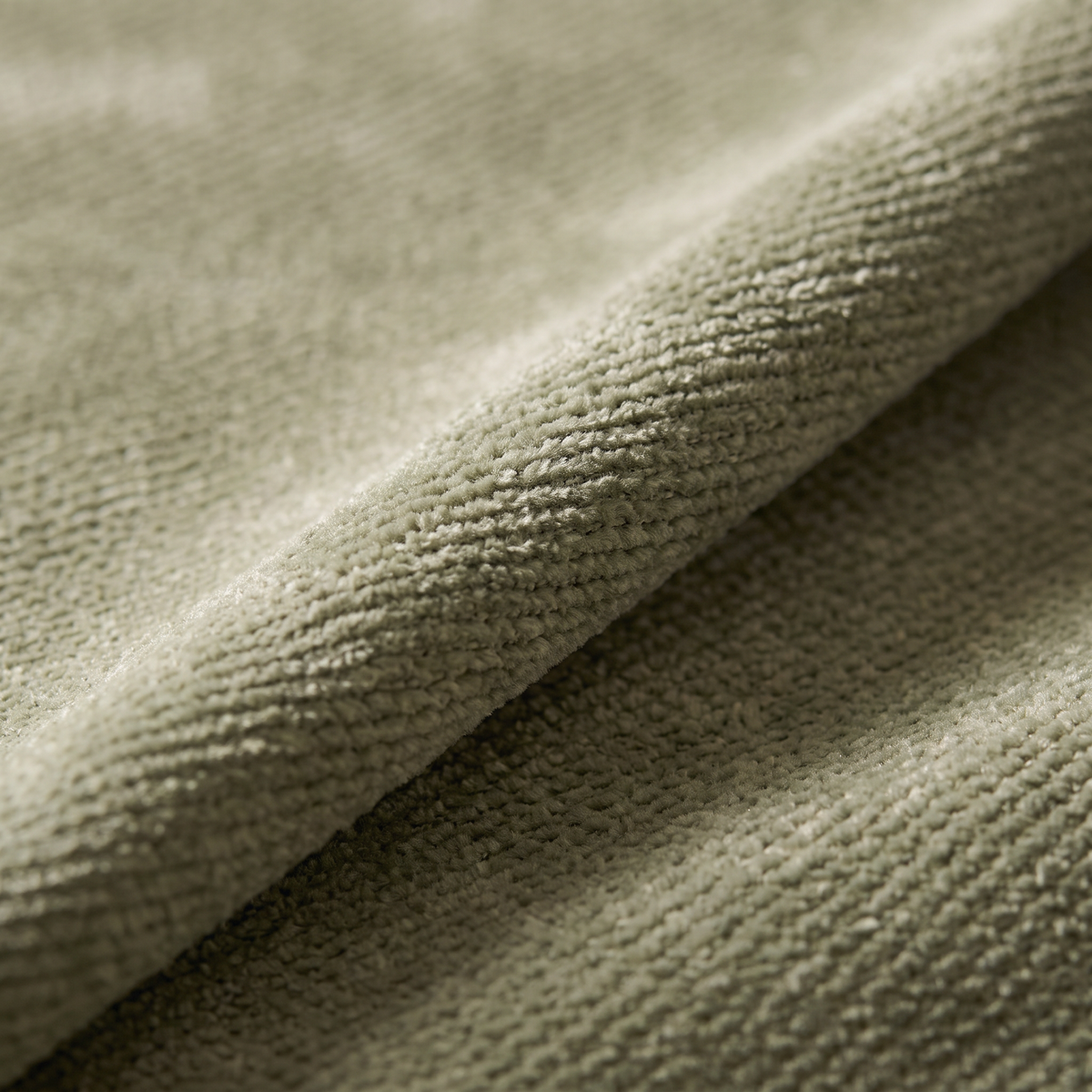 Chenille Sage upholstery fabric, macro close-up of the soft chenille pile and subtle sheen