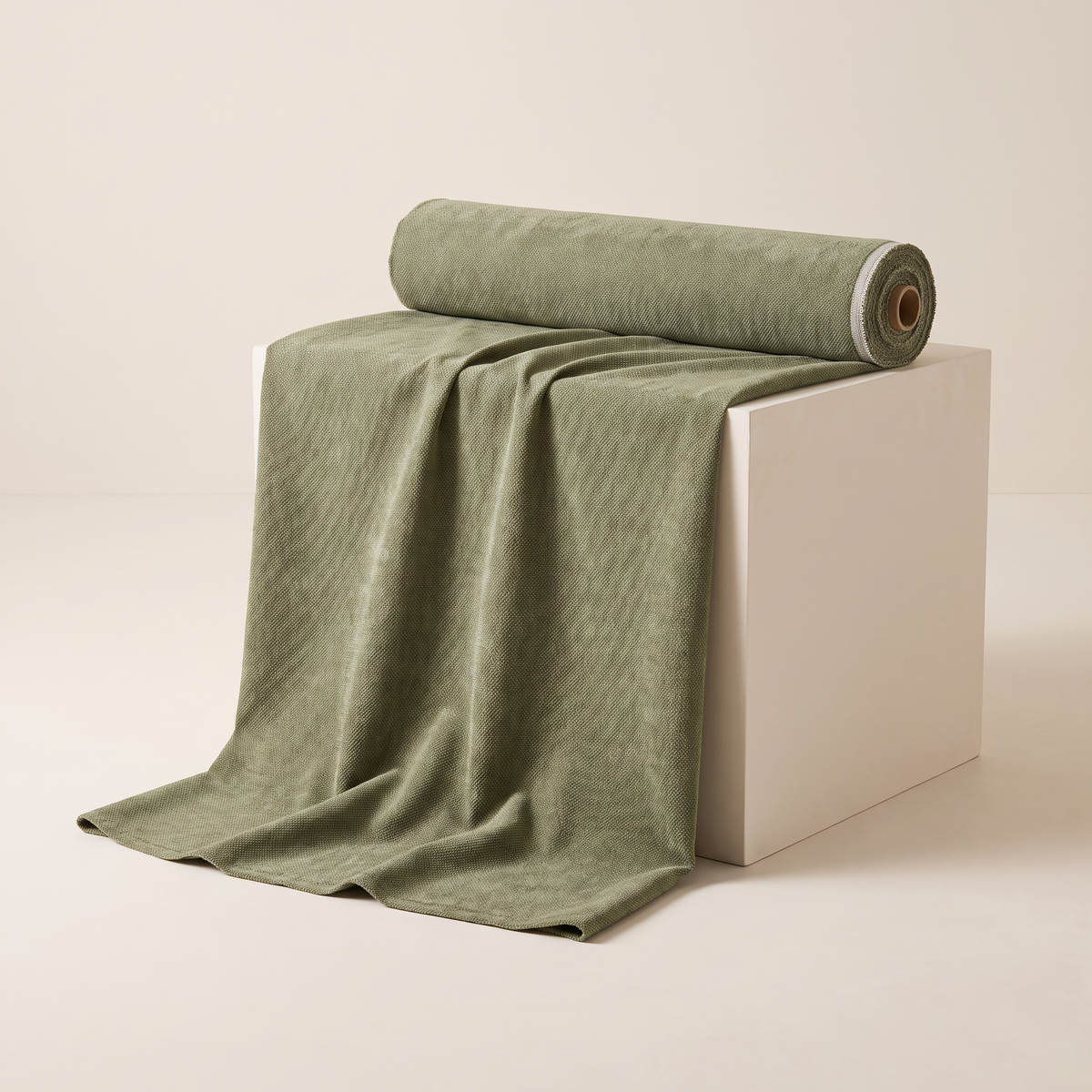 Chenille Sage upholstery fabric, muted sage-green chenille, unrolled from a bolt and draped over a studio plinth