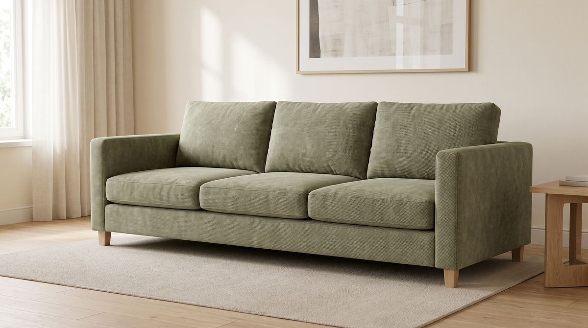 Chenille Sage fabric shown as the upholstery of a simple three-seat sofa in a calm living room