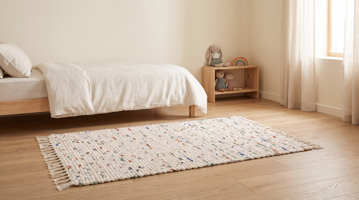 Chindi Rag Rug styled beside a bed in a calm children's room