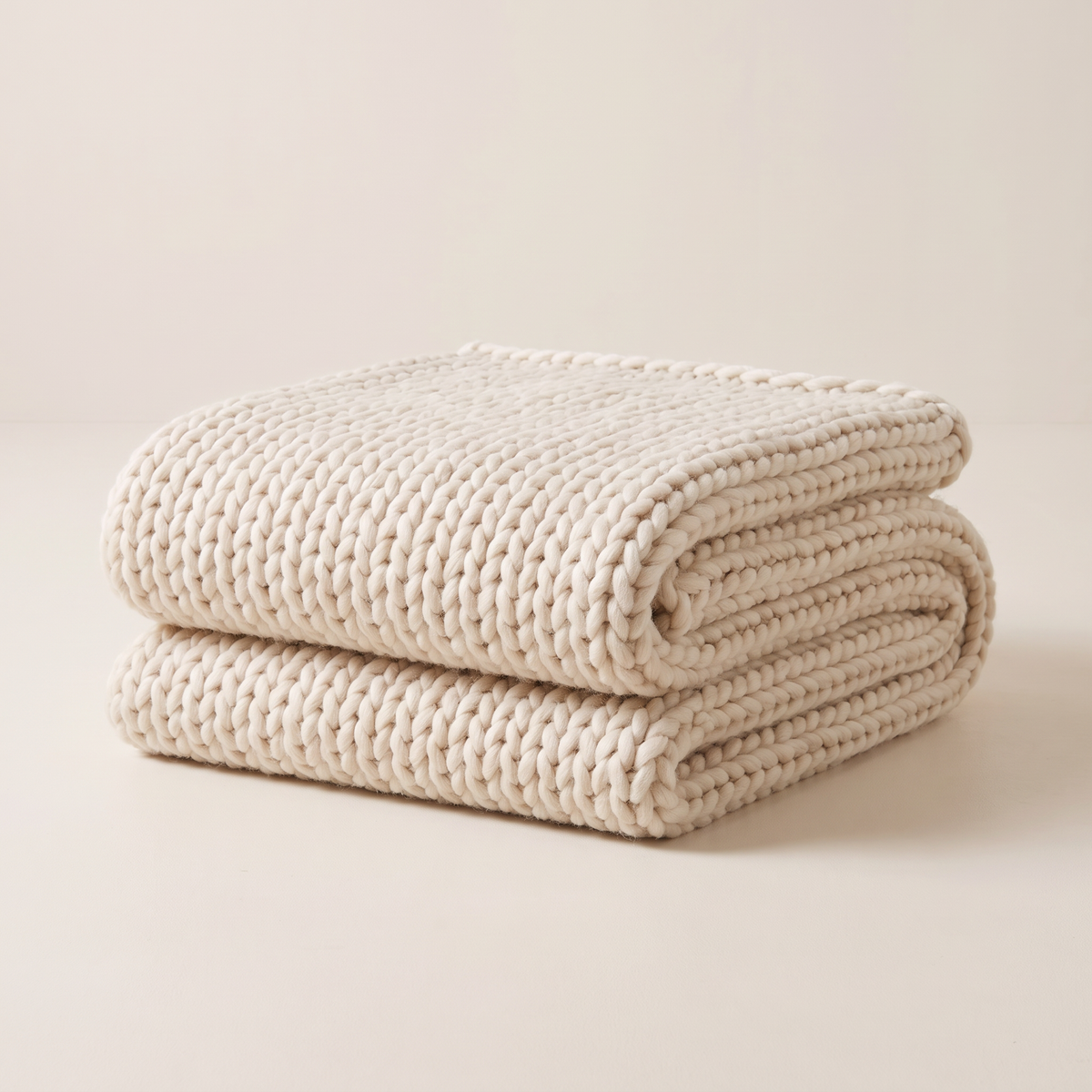 Chunky Knit Throw in ivory wool-blend chunky knit, folded neatly, front view