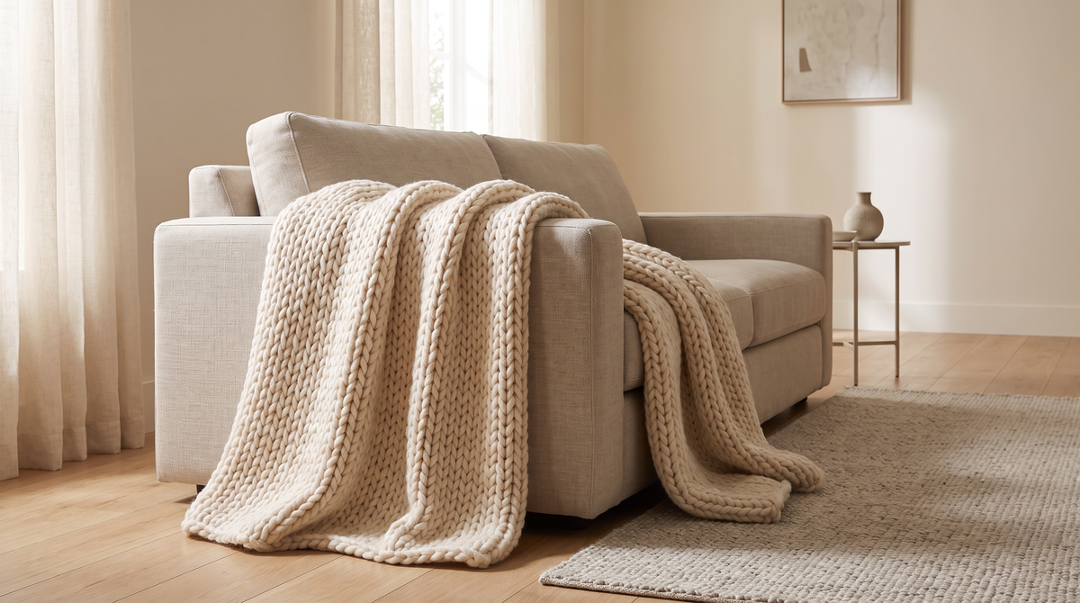 Chunky Knit Throw in ivory draped over a neutral sofa in a calm living room