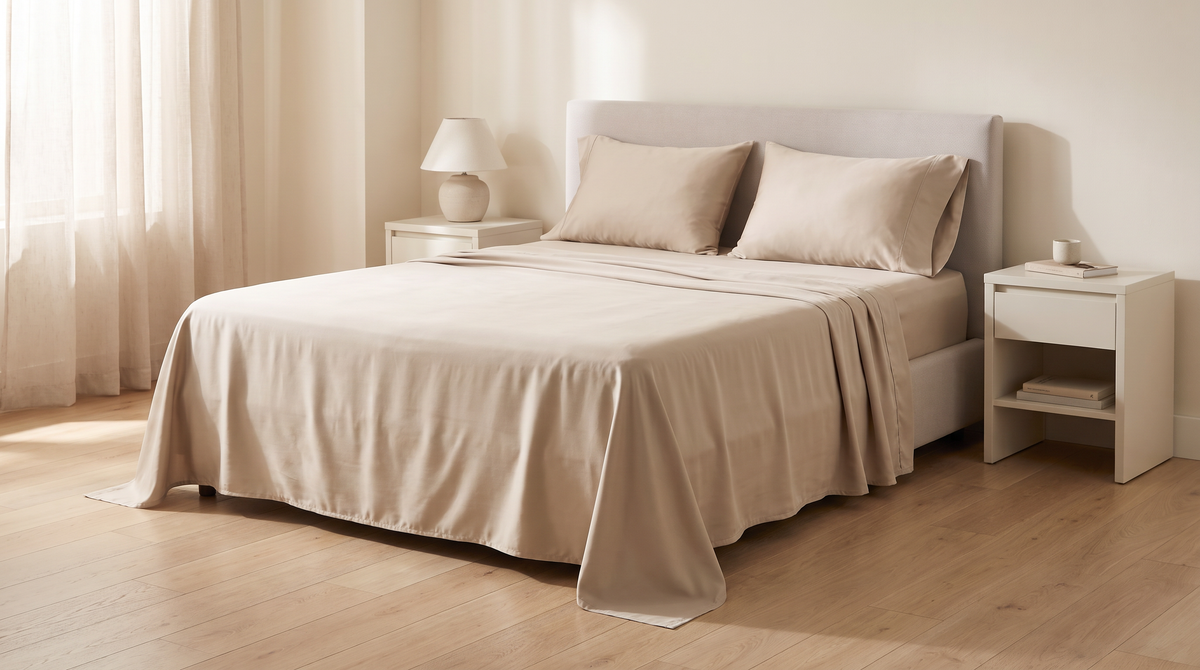Cool Tencel Sheet Set in sand styled on a bed in a calm bedroom