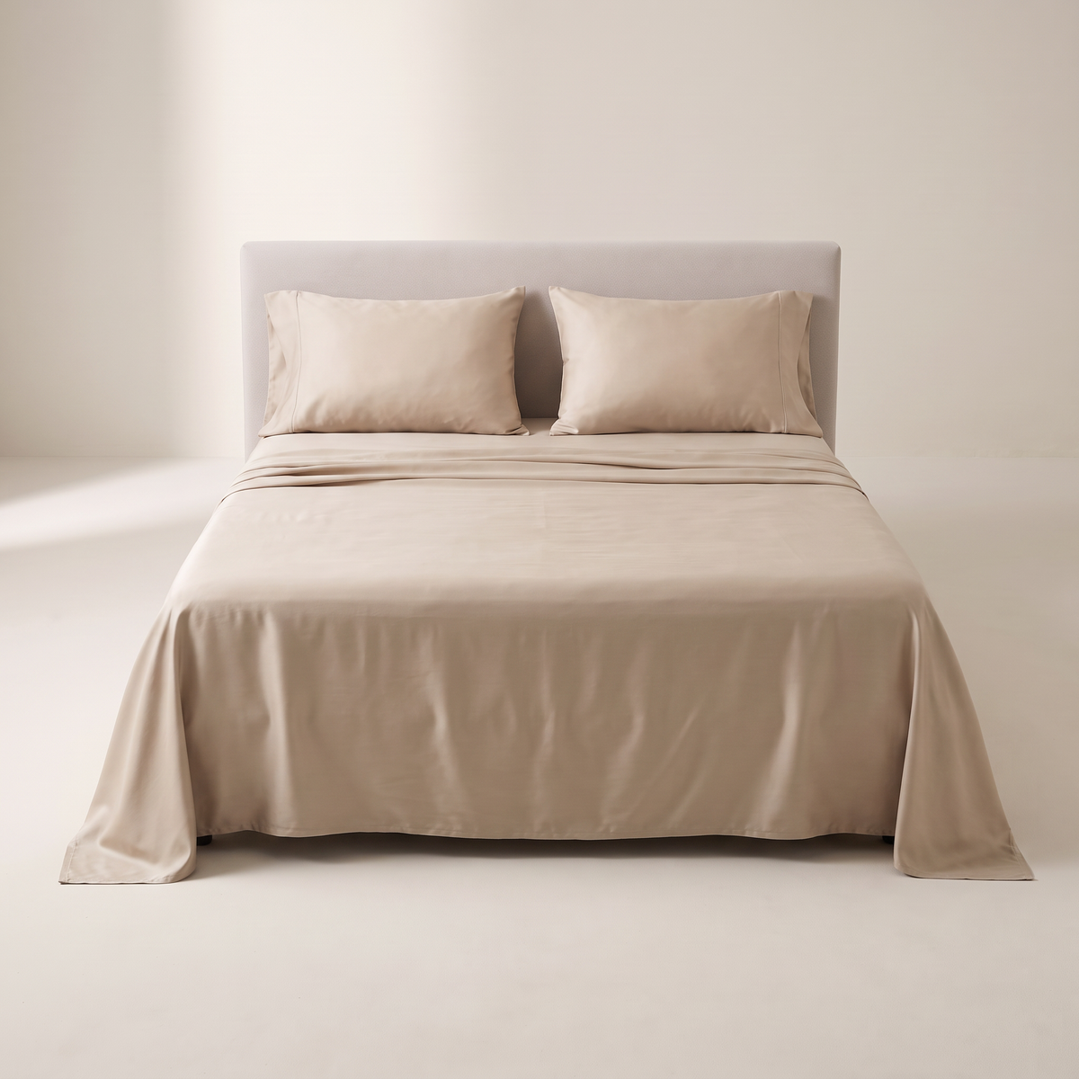 Cool Tencel Sheet Set sand Tencel sheet and pillow covers, view from the foot of the bed