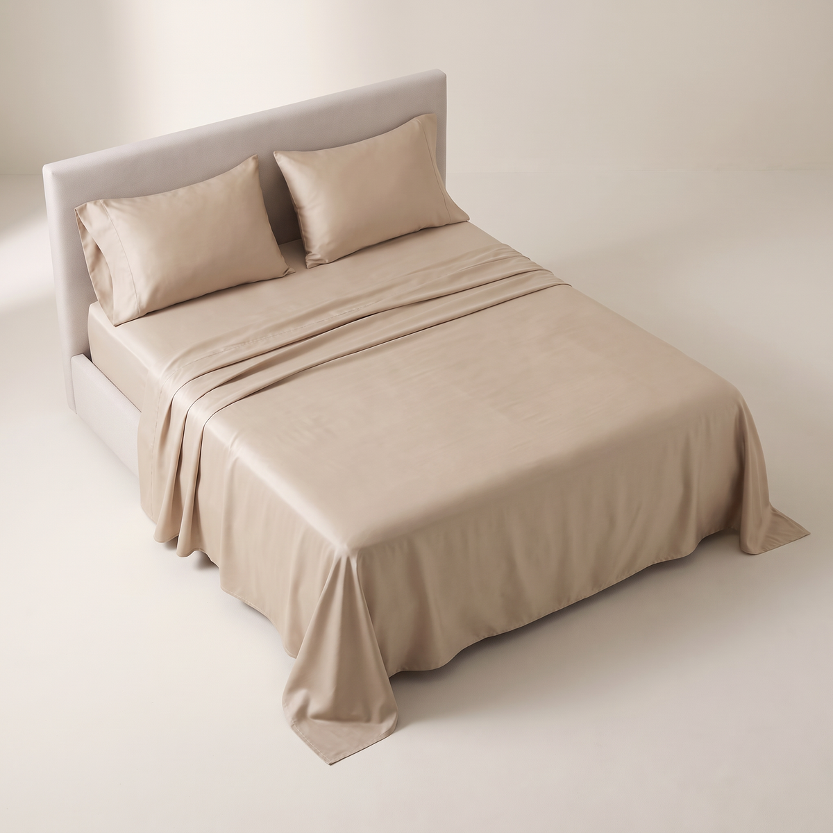 Cool Tencel Sheet Set sand Tencel bedding, elevated three-quarter view