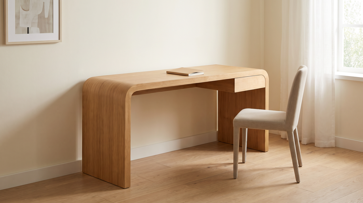 Core Desk waterfall study desk styled in a calm home study