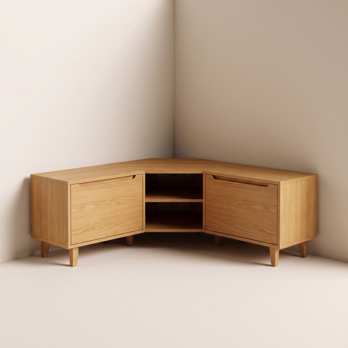 Corner Pivot corner TV unit in honey ash veneer with two finger-pull doors, open corner shelf and tapered legs, view into the corner