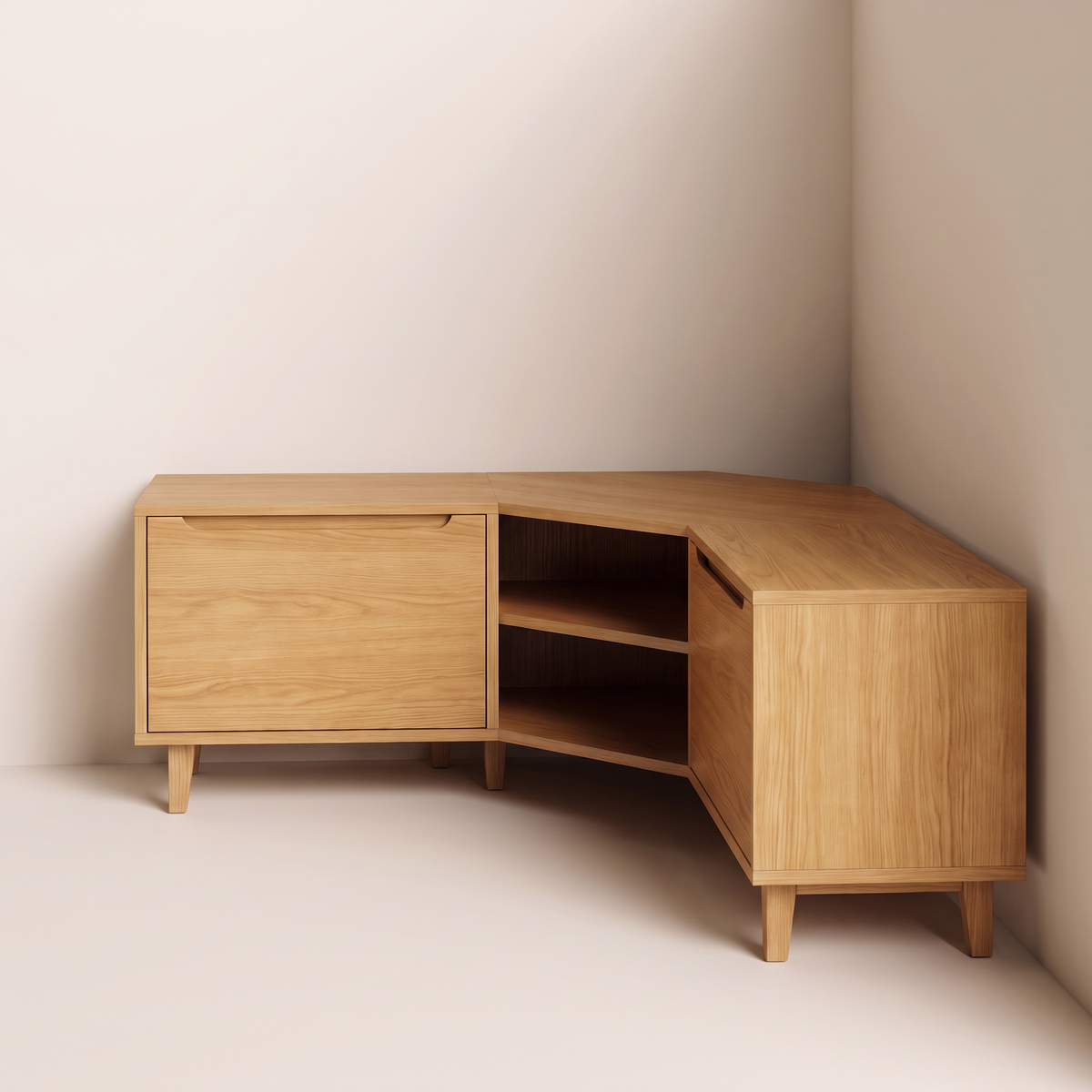 Corner Pivot honey ash corner TV unit, front view of the left wing
