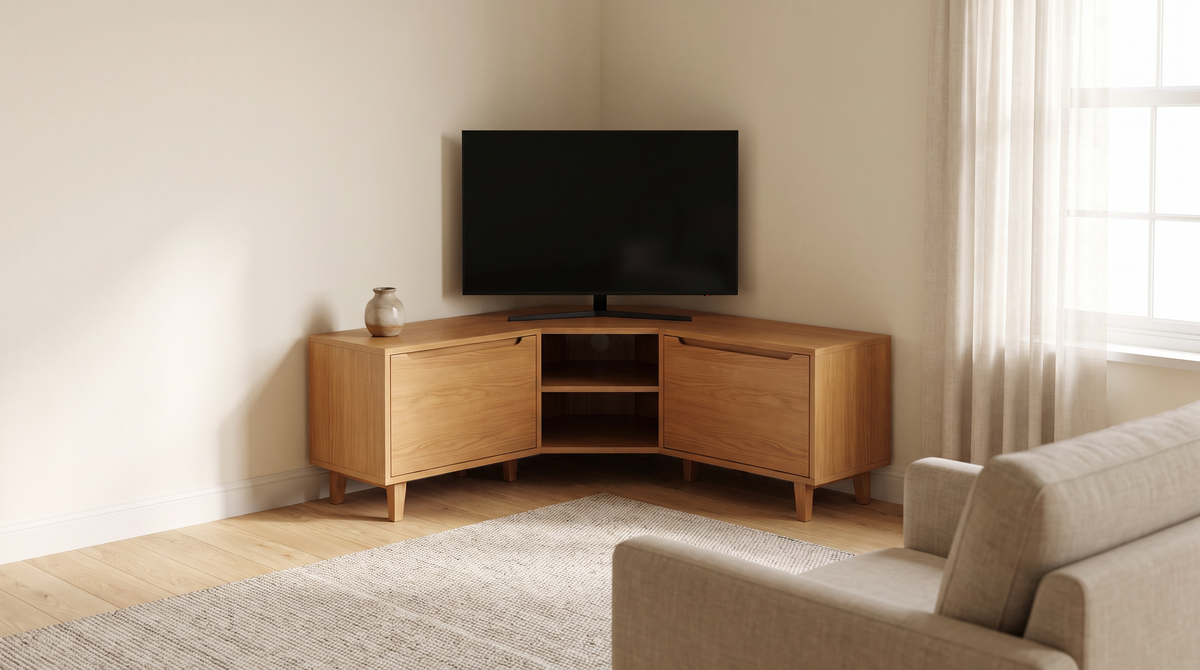 Corner Pivot corner TV unit styled in the corner of a calm living room