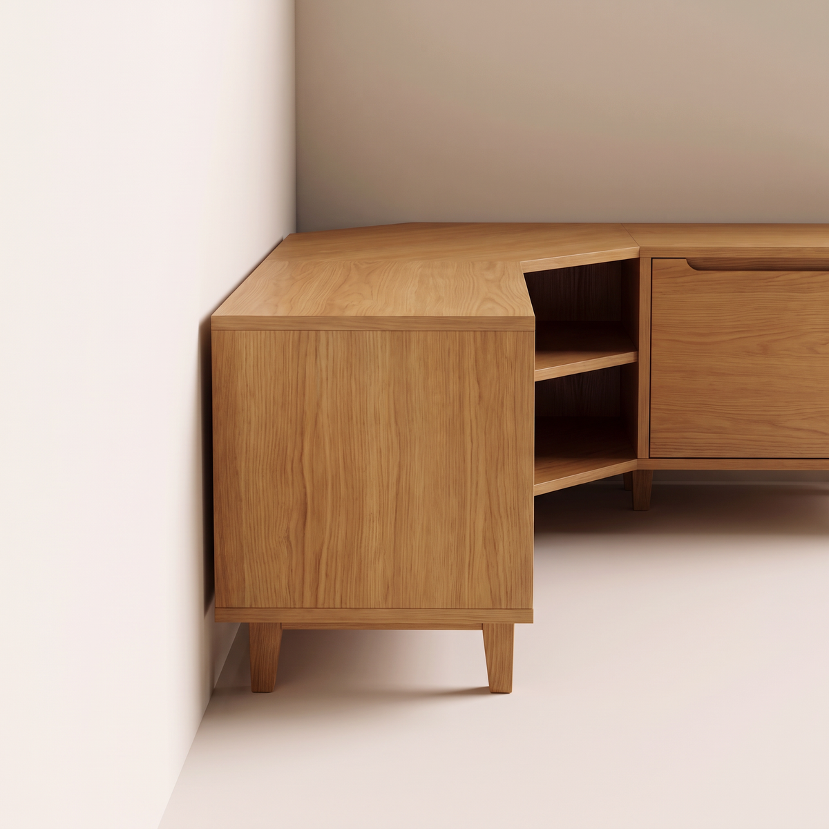 Corner Pivot honey ash corner TV unit, end view showing depth and tapered legs