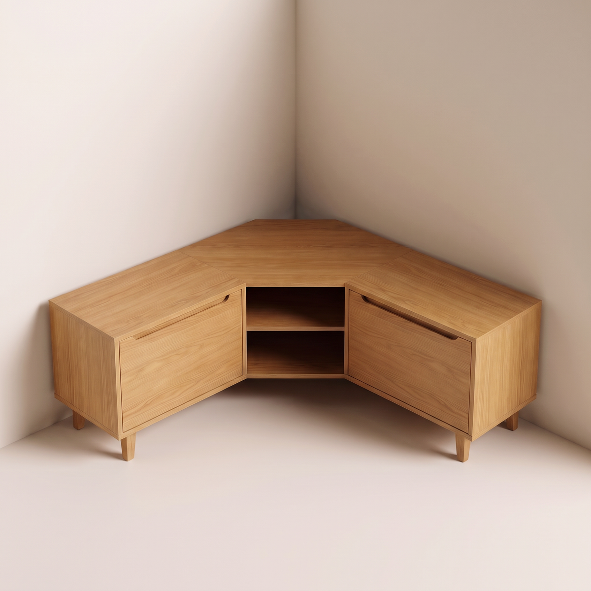 Corner Pivot honey ash corner TV unit, elevated view showing the L-shaped top