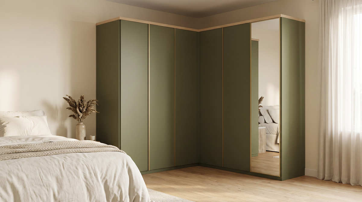 Corner Quay Wardrobe wrapping the corner of a calm bedroom