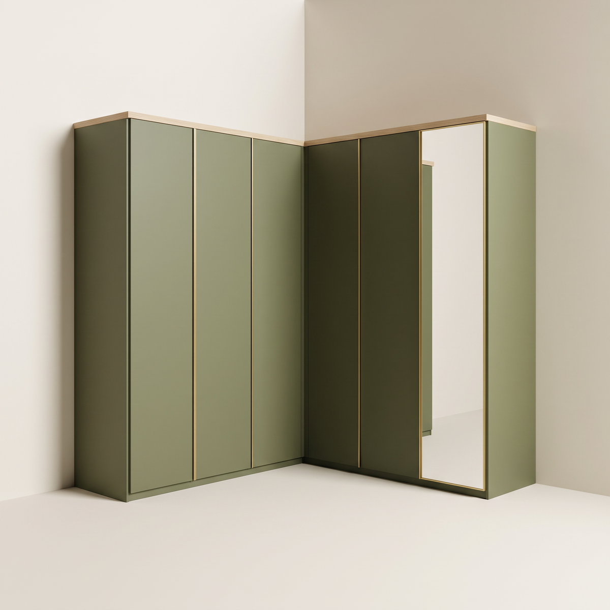 Corner Quay L-shaped wardrobe in olive matte laminate with brass edge pulls and one brass-framed mirror door, view into the corner