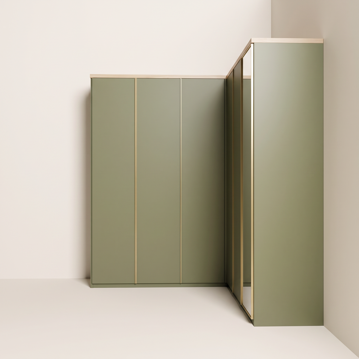 Corner Quay Wardrobe, straight view of the long leg with three olive doors and brass edge pulls