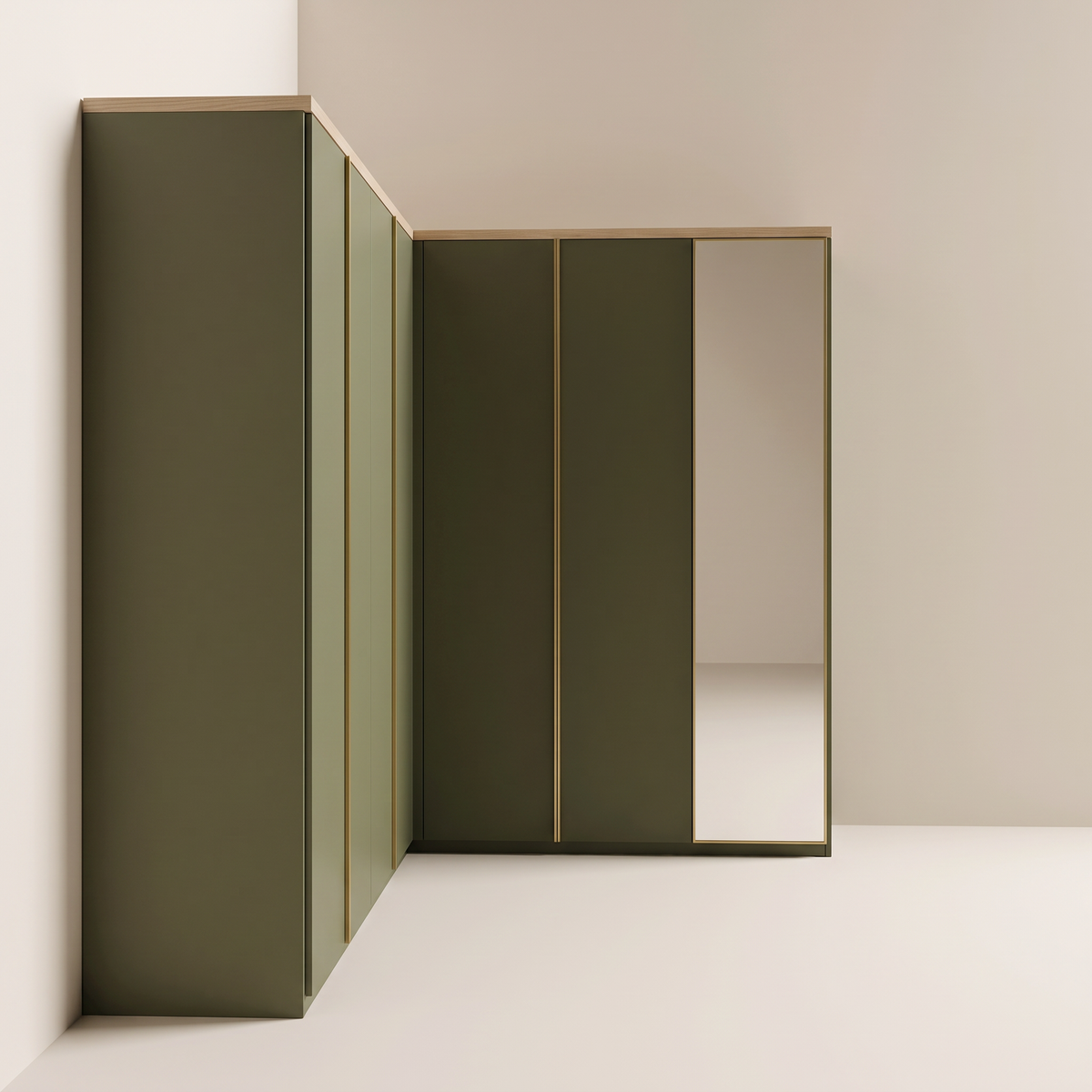 Corner Quay Wardrobe, straight view of the short leg with the brass-framed full-length mirror door