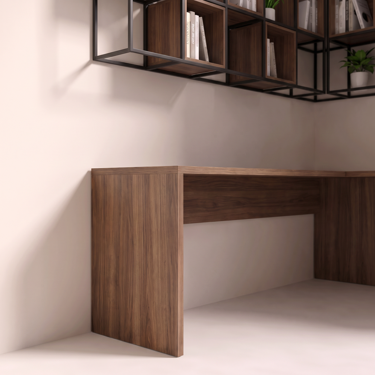 Corner Study Grid detail of the walnut veneer desk end panel and black metal grid cubbies
