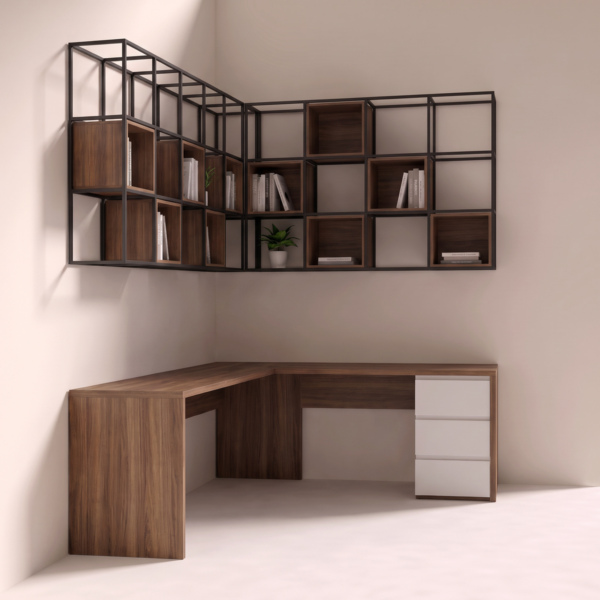 Corner Study Grid walnut corner desk and black metal grid shelves, view square to the right wing with the white pedestal