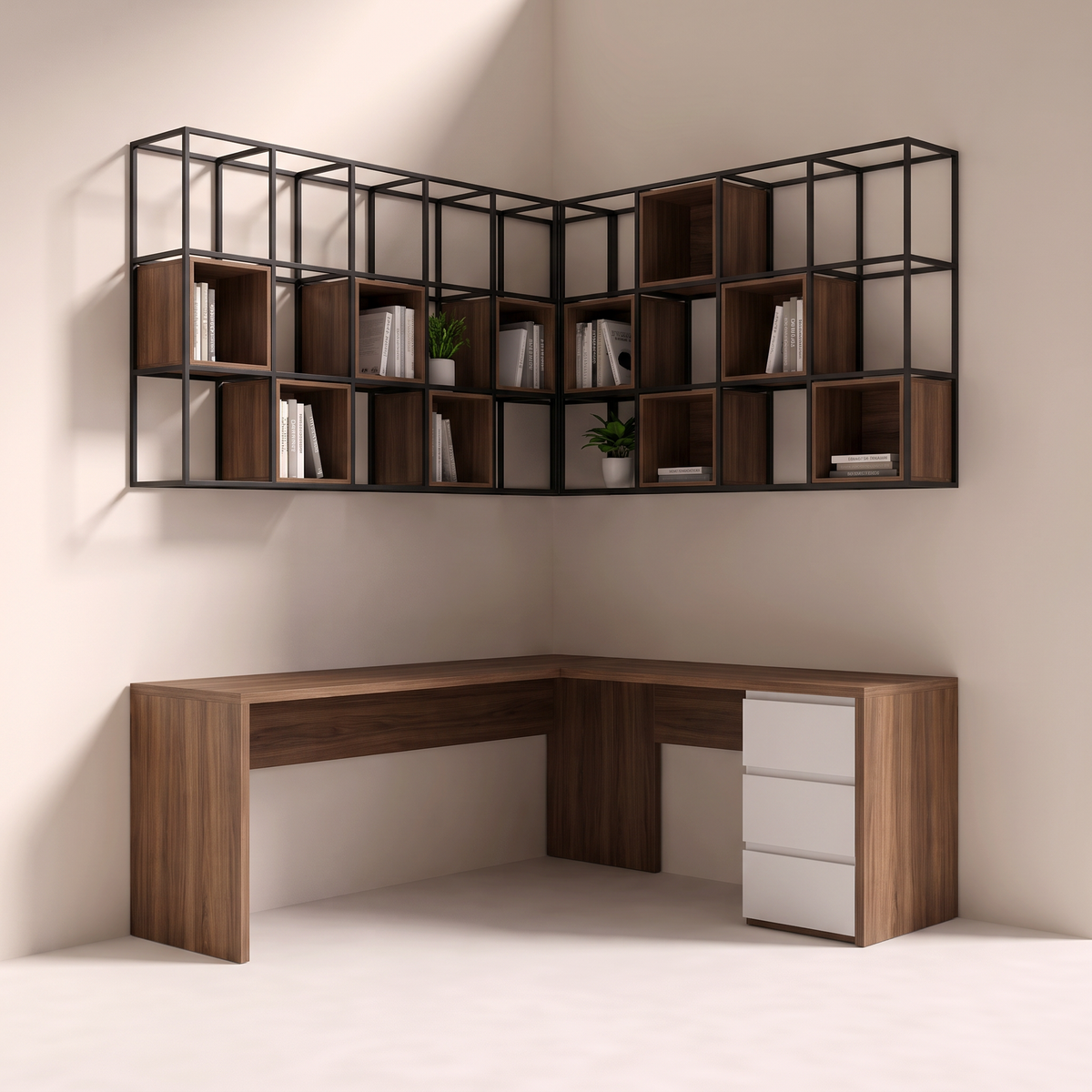 Corner Study Grid L-shaped walnut veneer corner desk with white drawer pedestal and black metal grid cubby shelves above, view into the corner