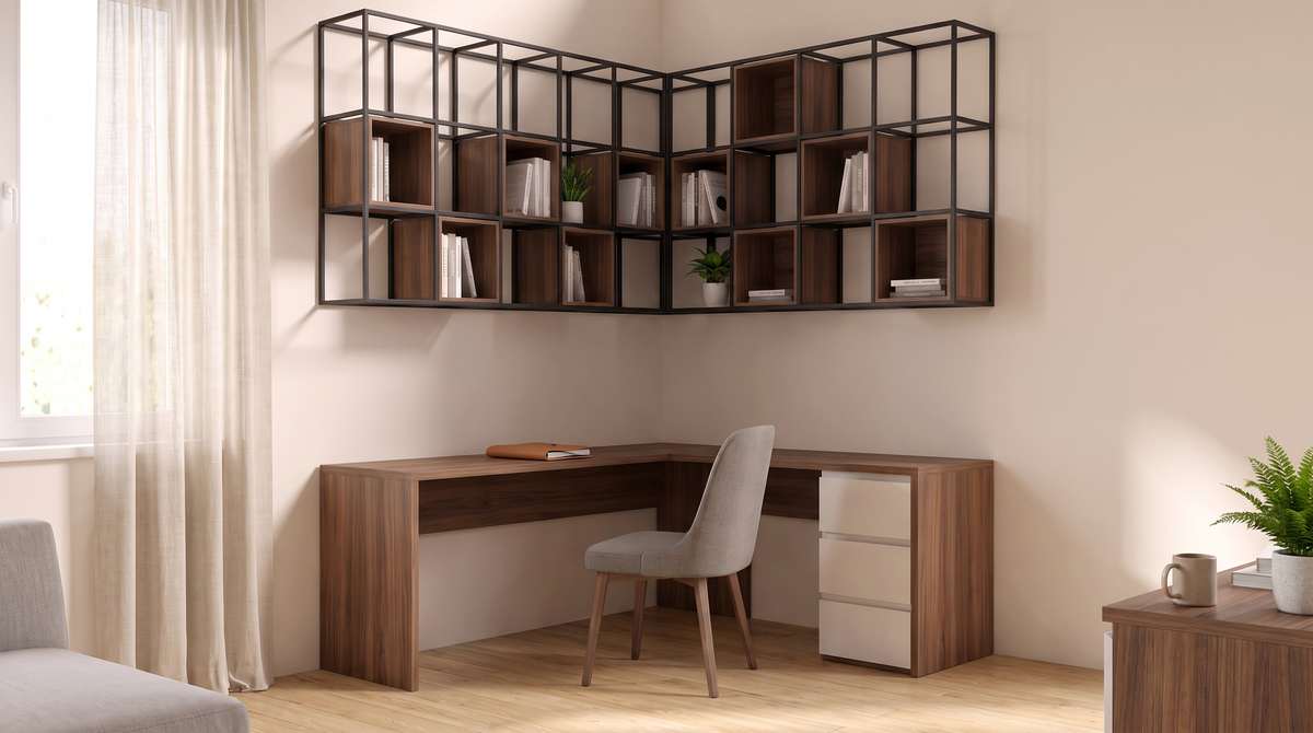 Corner Study Grid L-shaped walnut study with grid shelves styled in a calm home study corner