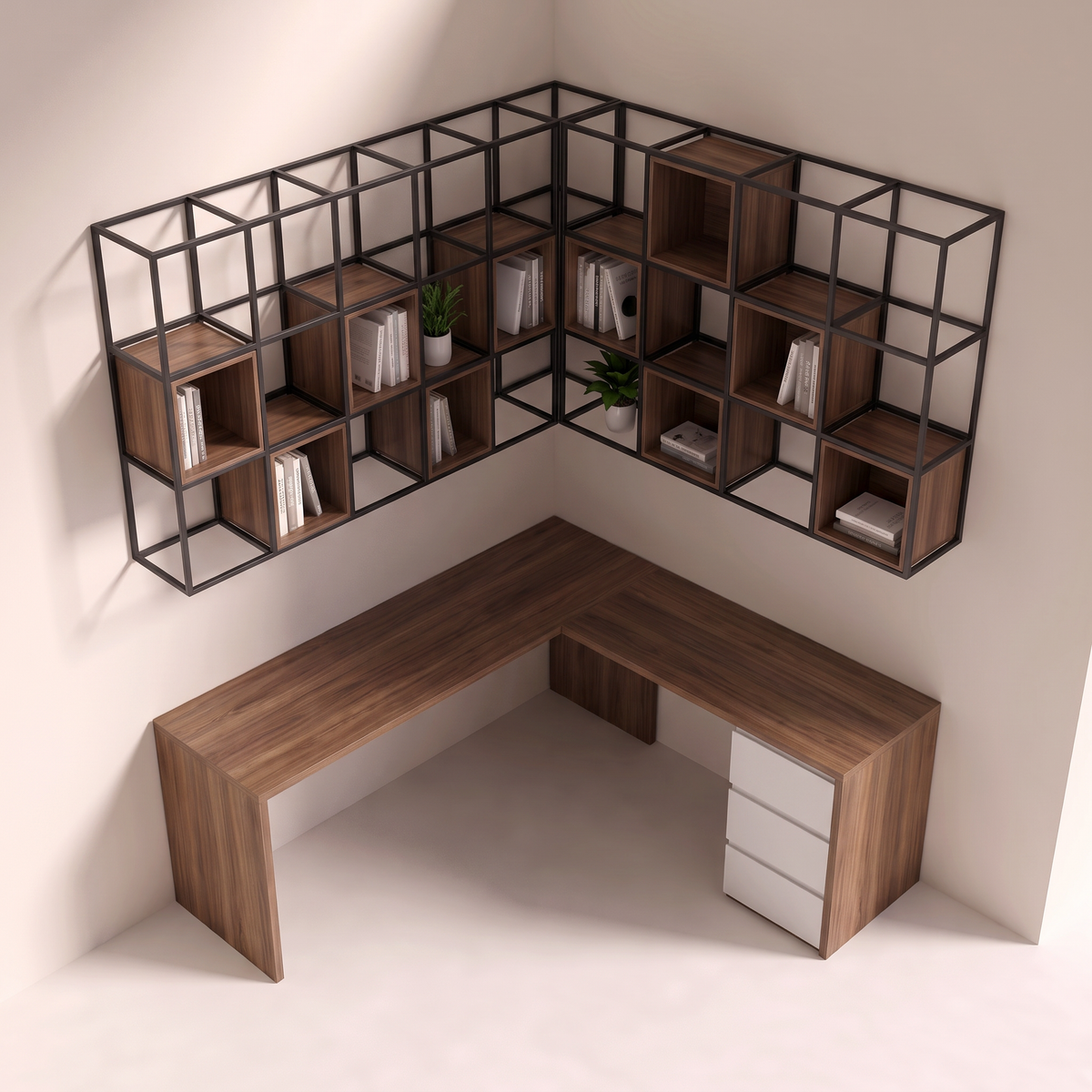 Corner Study Grid L-shaped walnut desk top and black metal grid shelves, elevated view