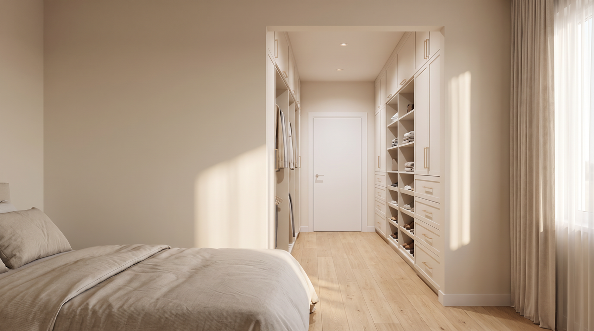Corridor Closet seen from a calm bedroom, the galley closet leading to the bathroom door