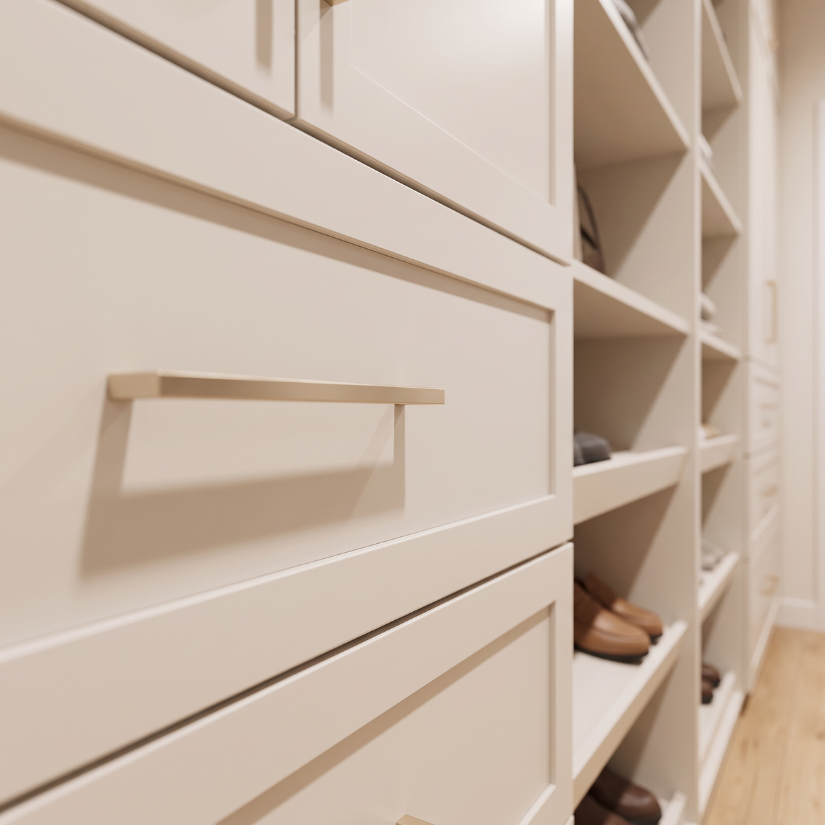 Corridor Closet detail: ivory drawer fronts with routed Shaker groove and slim champagne bar pull beside shoe shelves