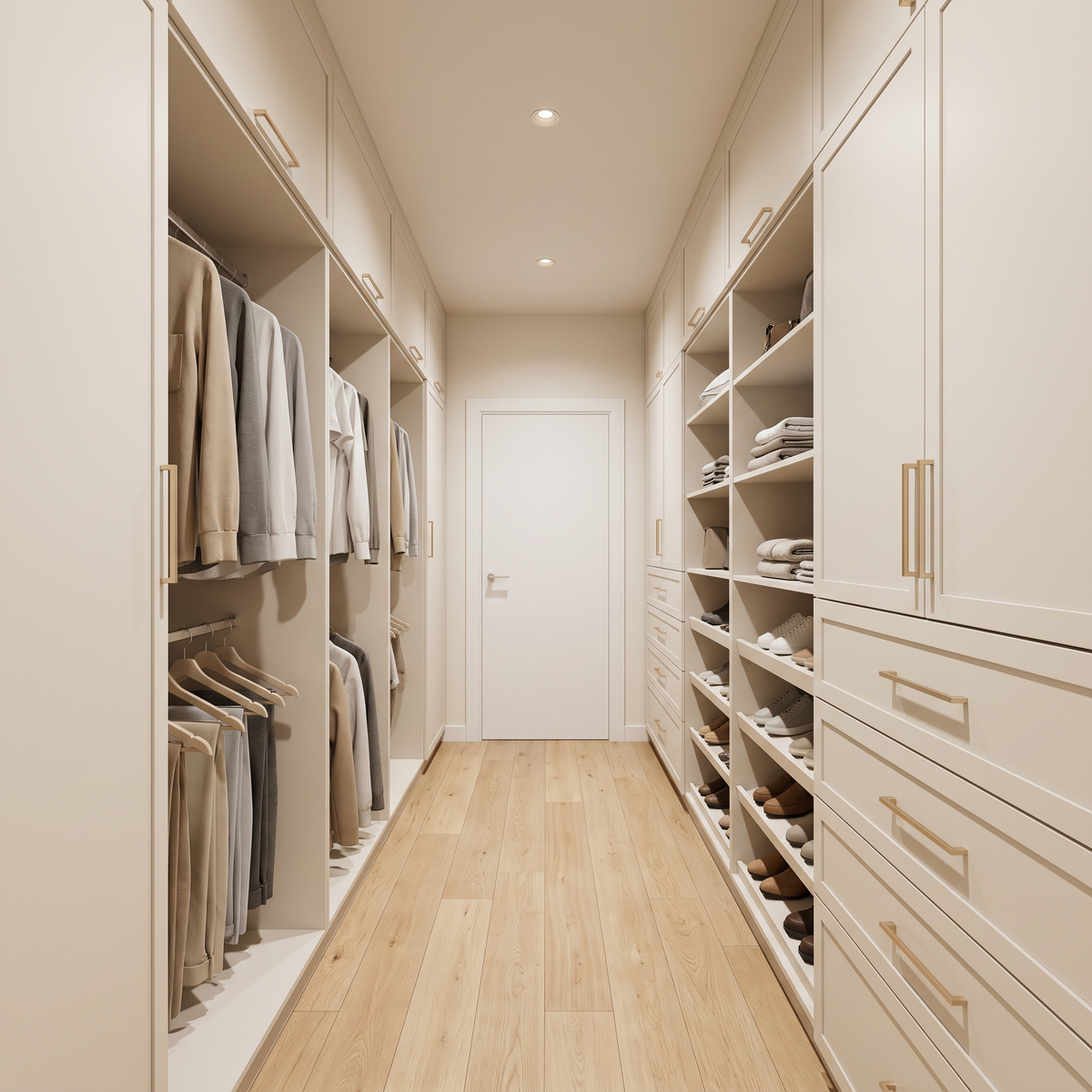 Corridor Closet design proposal: galley walk-in closet with two facing runs of ivory Shaker-grooved laminate cabinetry and champagne pulls, view down the passage