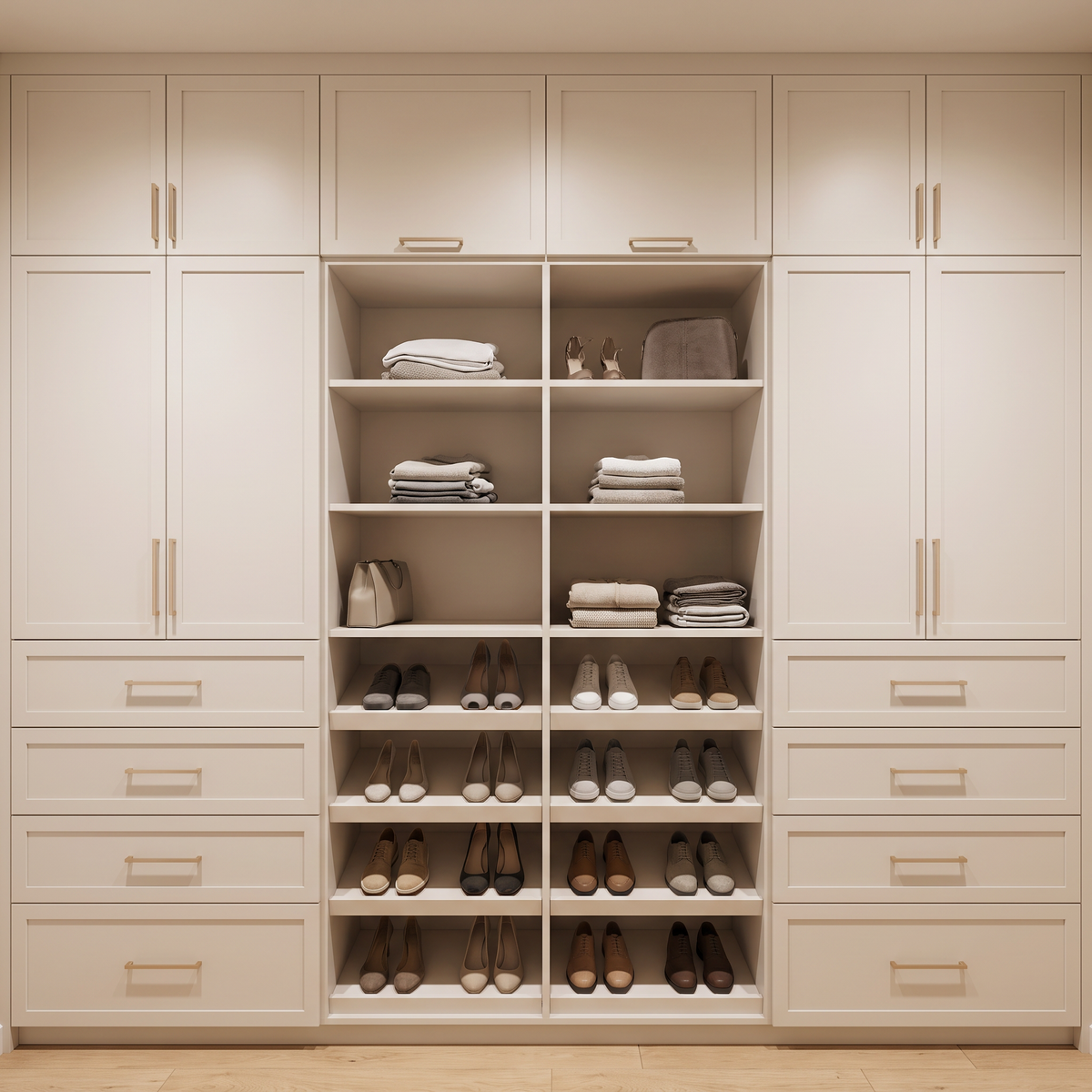 Corridor Closet ivory Shaker laminate run with tall doors, open shelves, shoe shelves and drawers, straight front elevation