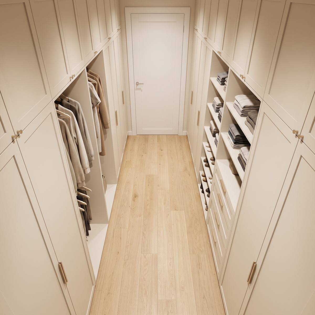 Corridor Closet galley of ivory cabinetry with hanging bays and shelves leading to a bathroom door, elevated view