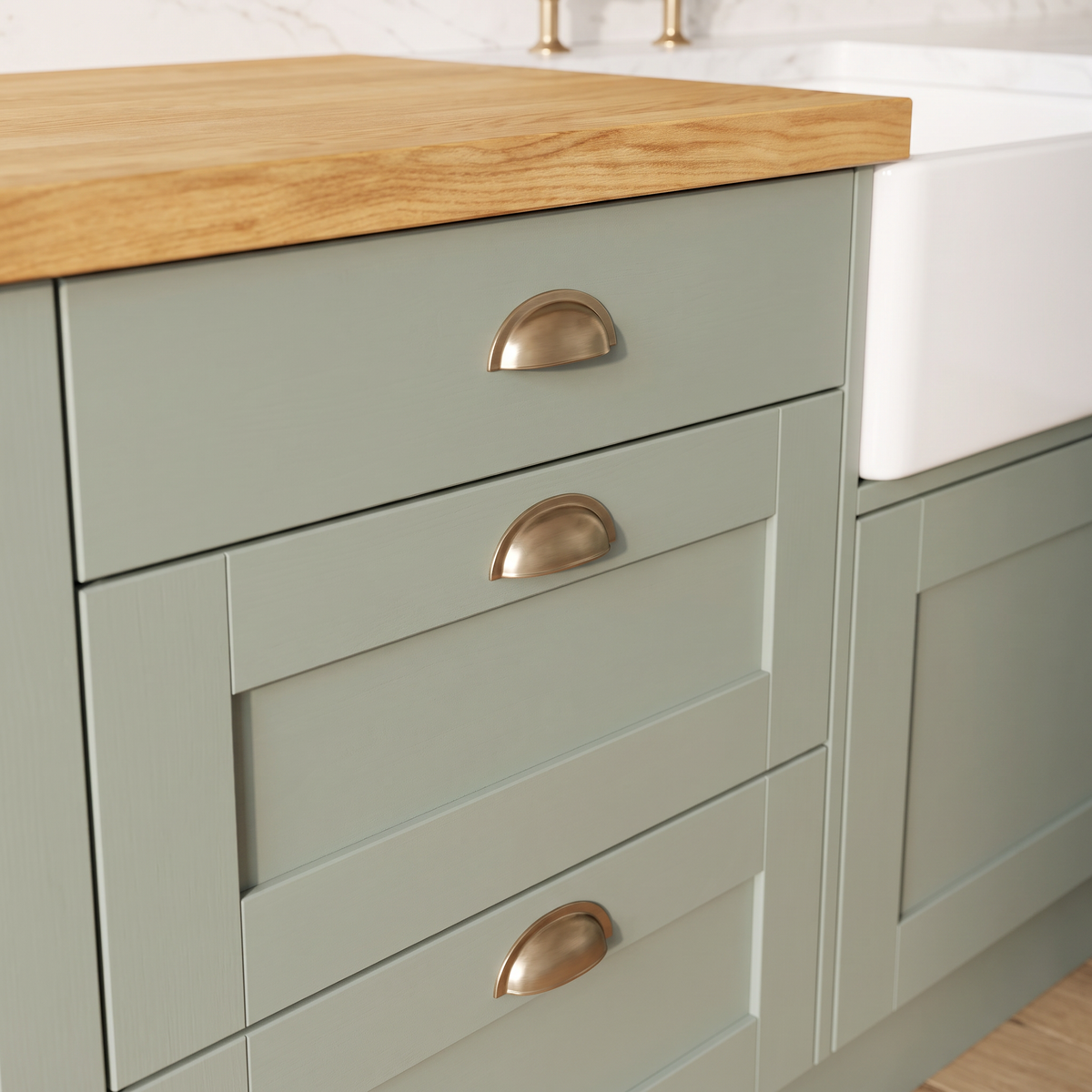 Cottage Shaker detail of sage Shaker drawers with brushed brass cup pulls under the ash butcher block