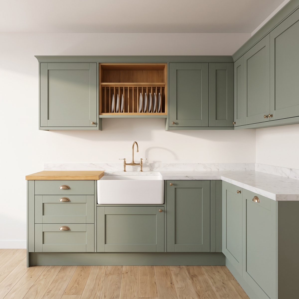 Cottage Shaker kitchen, straight front elevation of the sink run with plate rack and butcher block