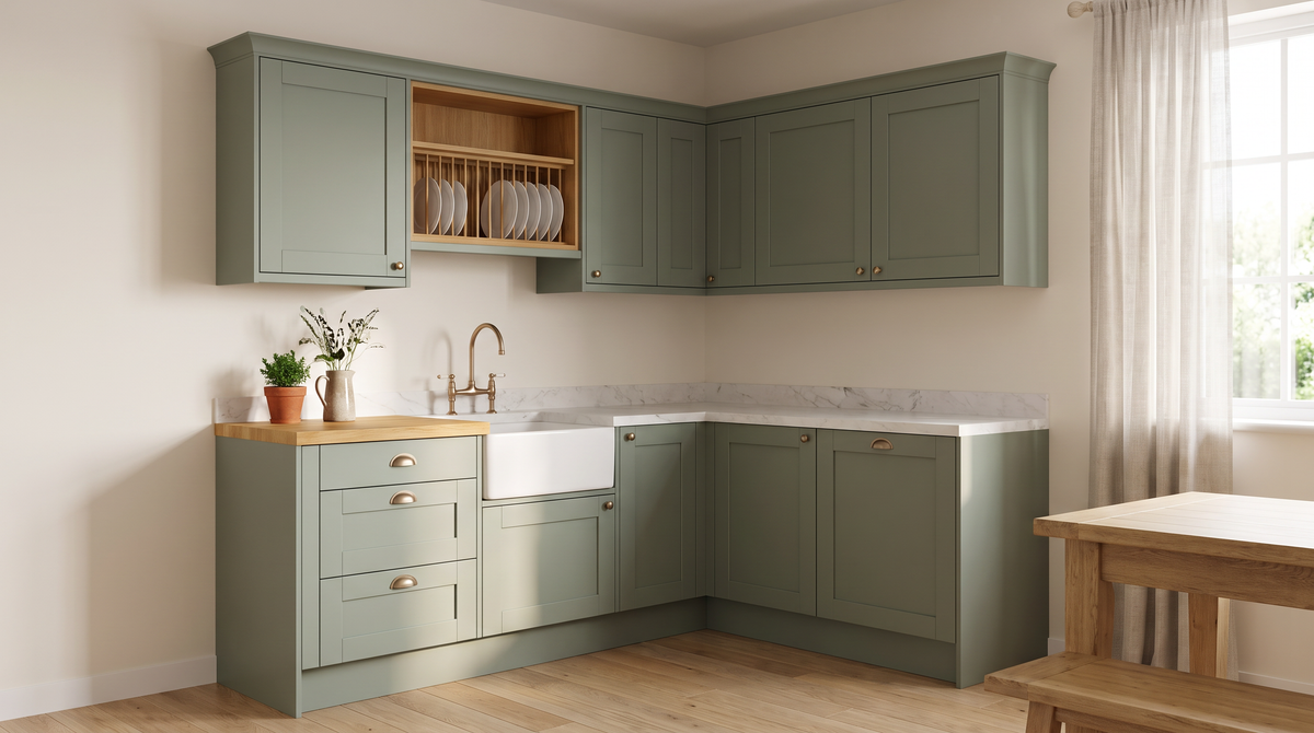 Cottage Shaker kitchen styled in an airy bungalow kitchen with a farmhouse table
