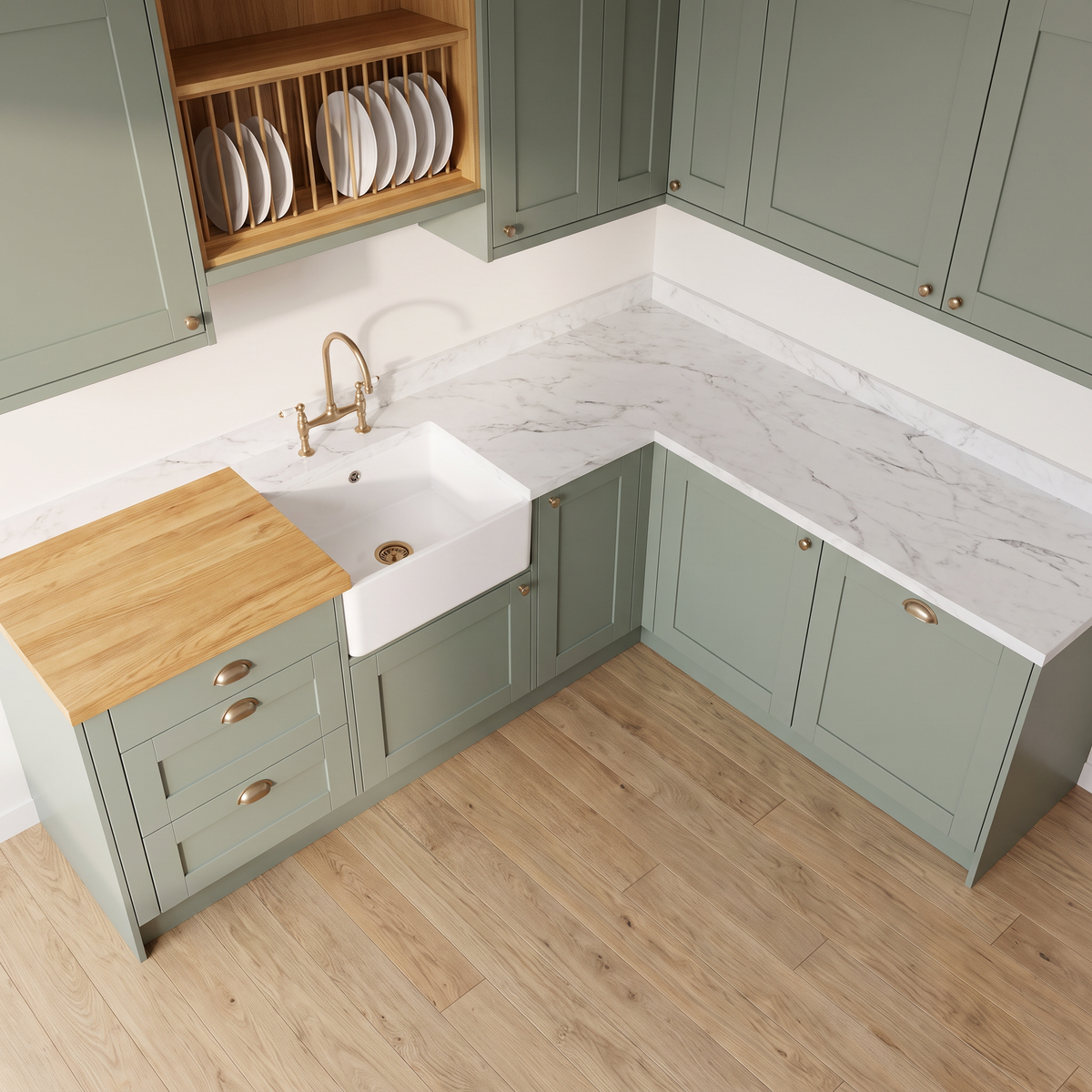 Cottage Shaker kitchen from above, showing the butcher block, farmhouse sink and marble-look quartz worktop
