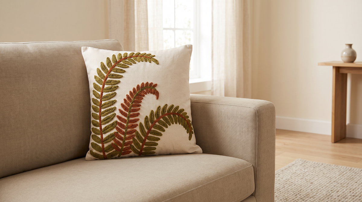 Crewel Fern Cushion styled on a sand sofa in a calm living room