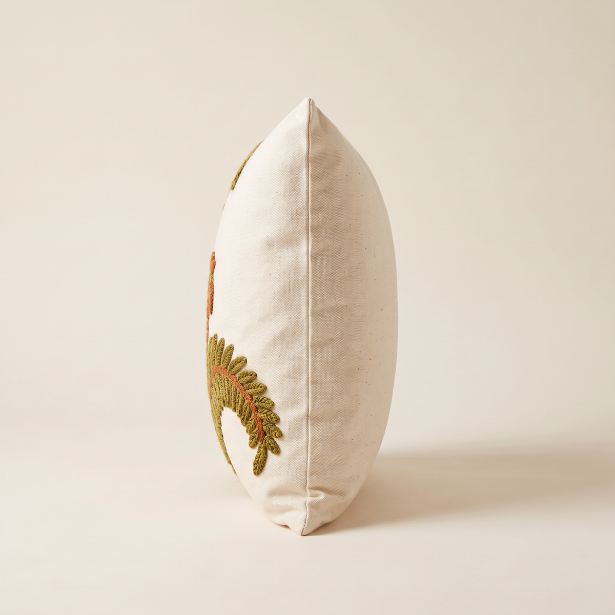 Crewel Fern Cushion edge view showing thickness and knife-edge seam