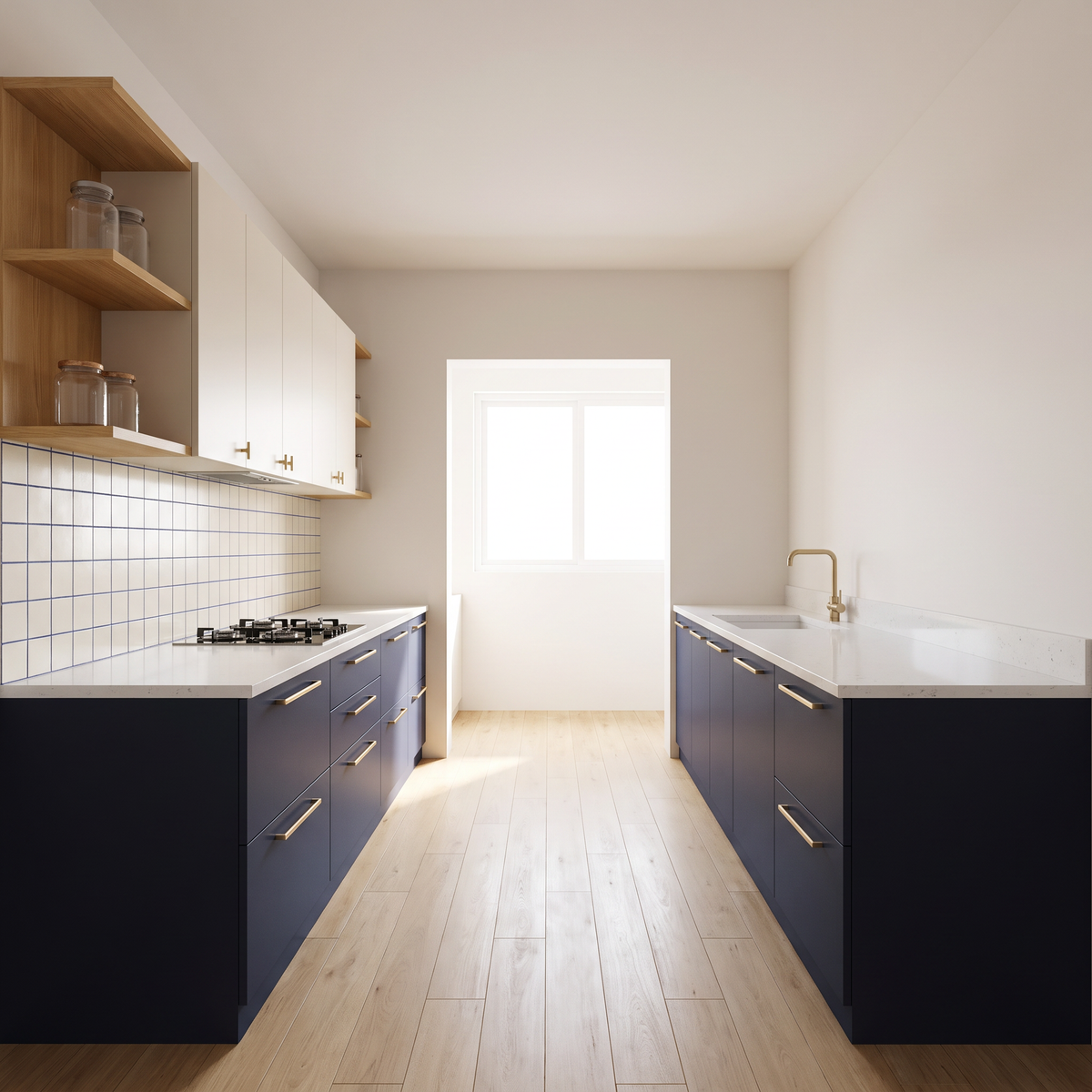 Dhoop Two-Tone parallel kitchen with indigo matte base cabinets, ivory wall cabinets, brass bar pulls and open ash shelves, view along the kitchen