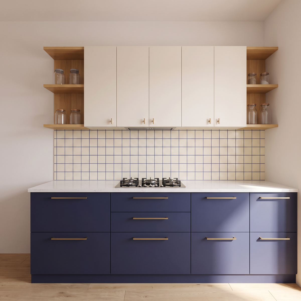 Dhoop Two-Tone hob run with indigo drawers, ivory wall cabinets, ash shelves and indigo-grout tile backsplash, straight front elevation