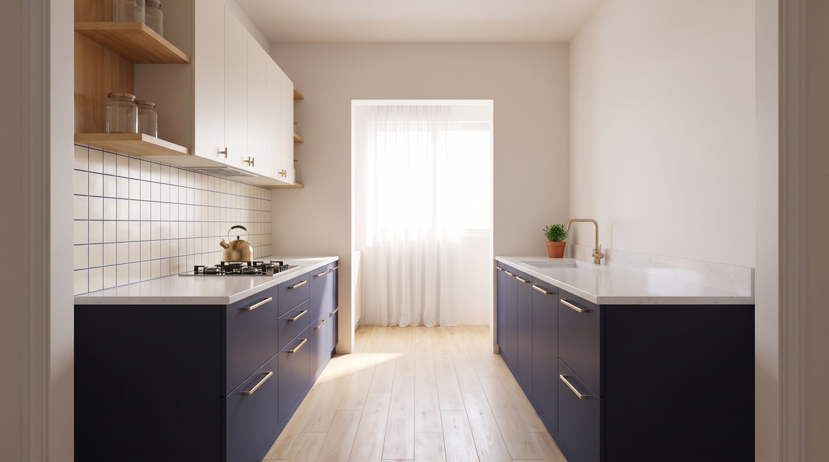Dhoop Two-Tone parallel kitchen styled in a bright apartment, seen from the doorway