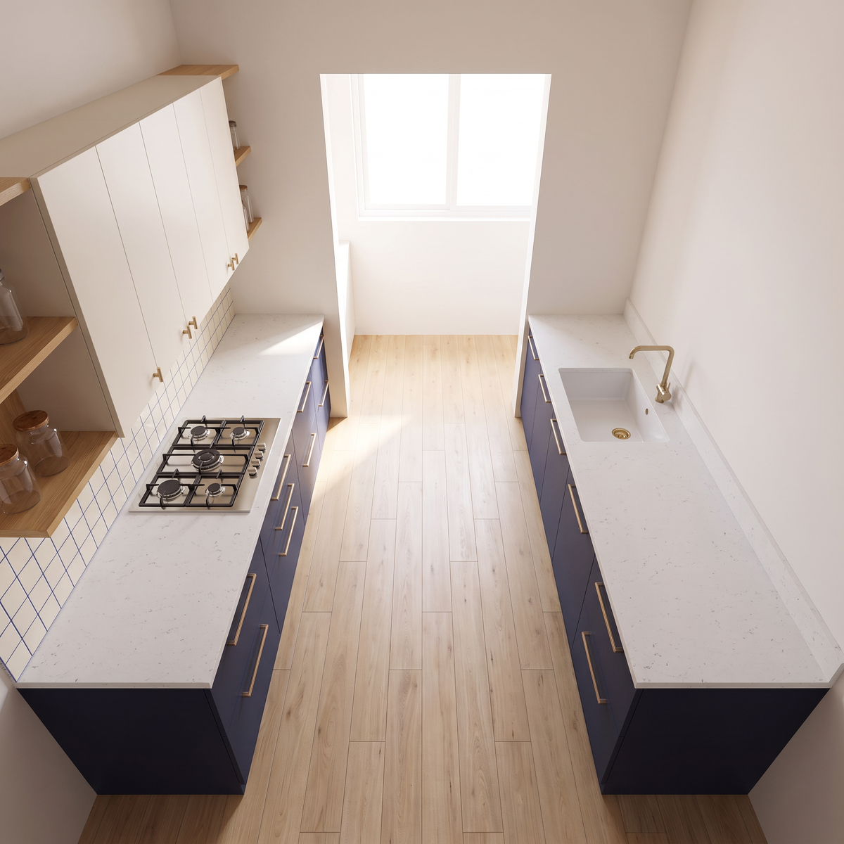 Dhoop Two-Tone parallel kitchen from above, showing both white quartz worktops with hob and sink
