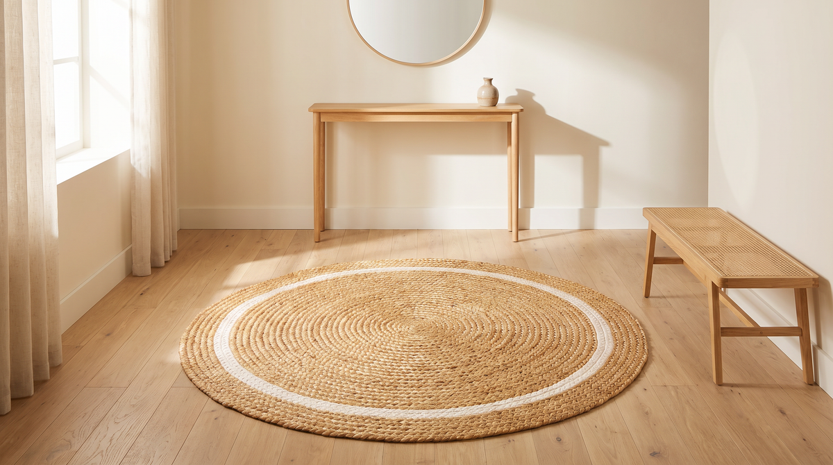 Disc Jute Round styled in a calm entryway with a console and cane bench