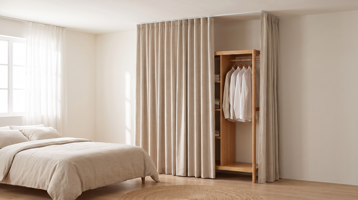 Drape Open Closet styled in a light, airy bedroom beside a linen-dressed bed