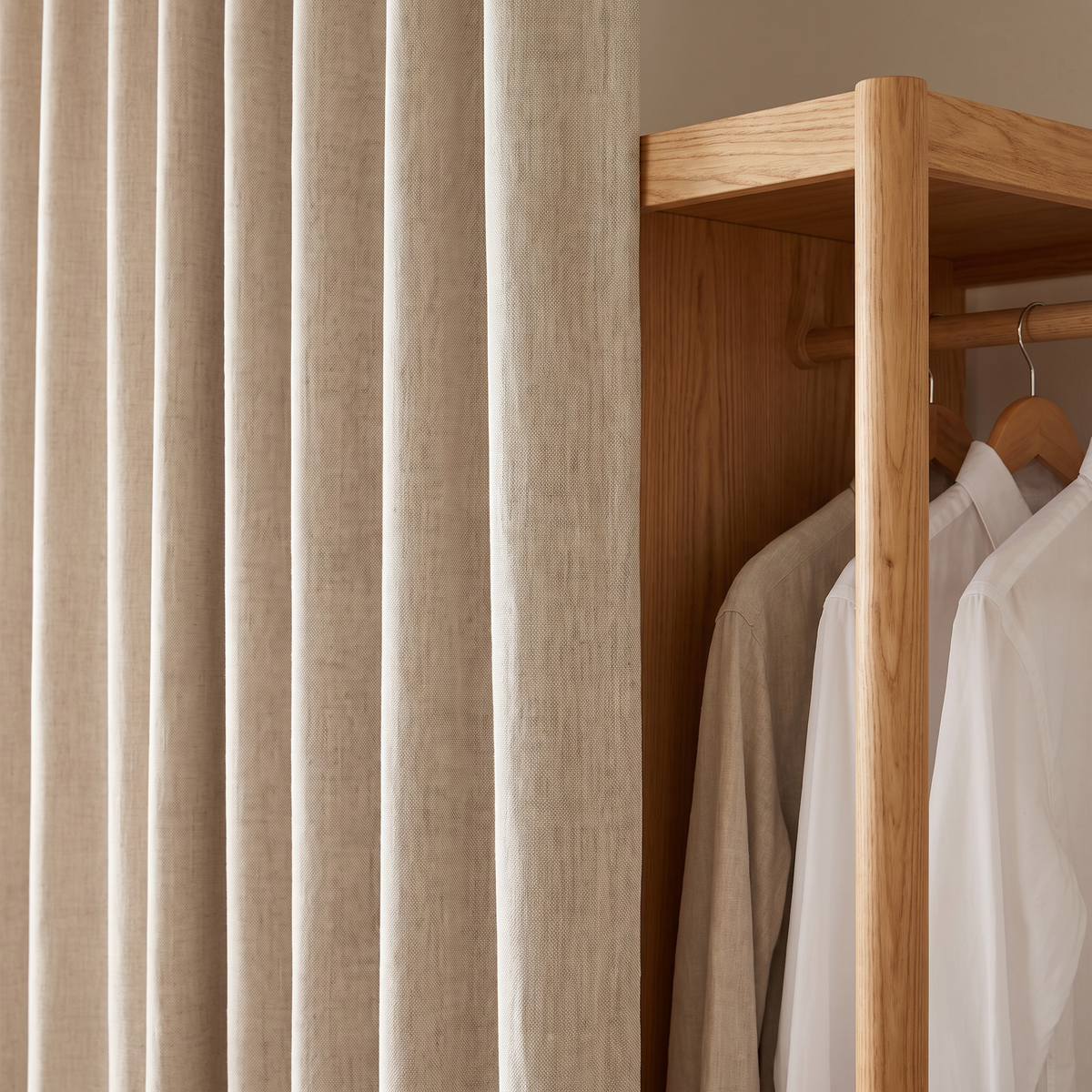 Drape Open Closet detail: oat linen curtain weave beside the solid honey ash frame and hanging rail