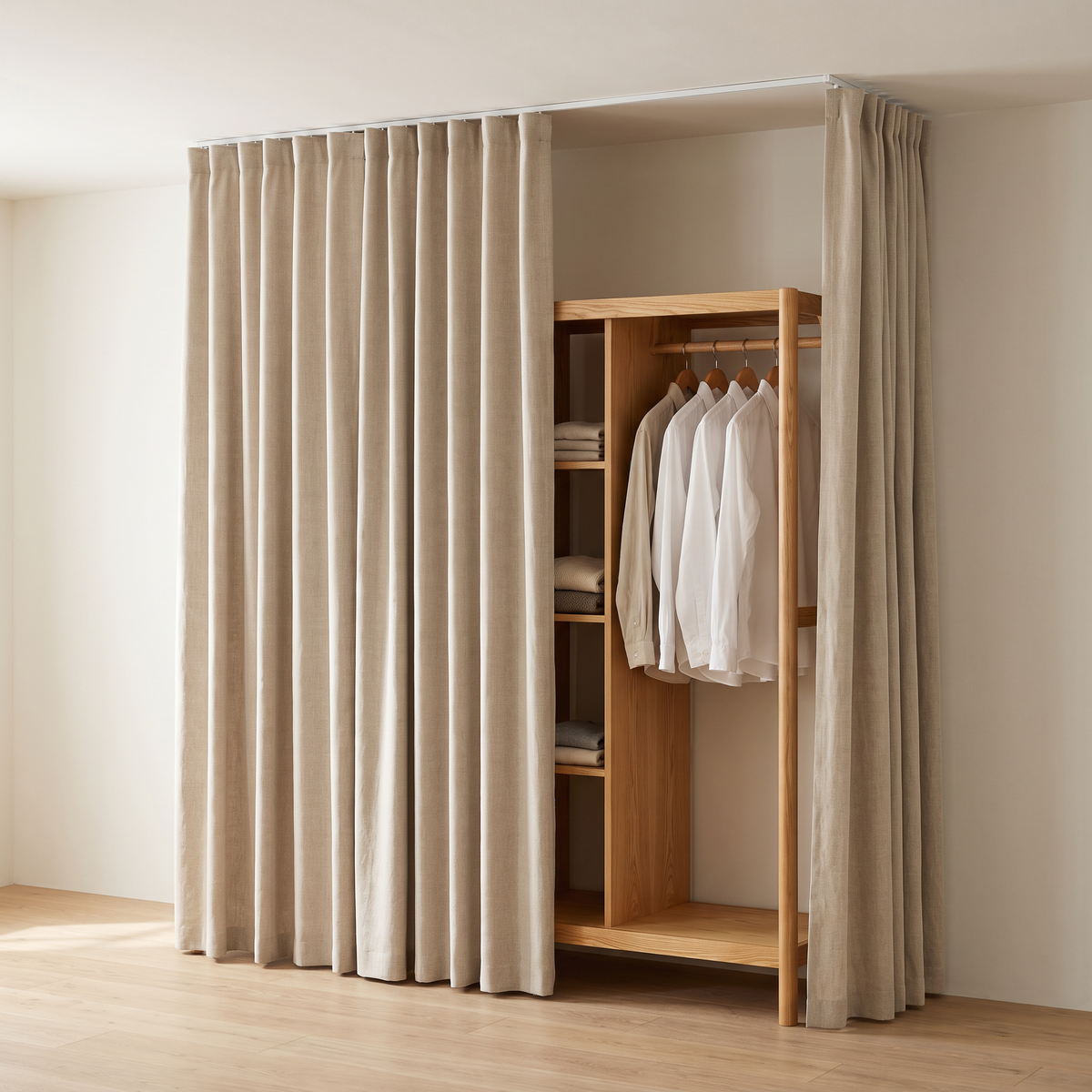 Drape Open Closet design proposal: honey ash hanging frame and shelf tower behind floor-to-ceiling oat linen curtains on a ceiling track, one curtain drawn back, front three-quarter view