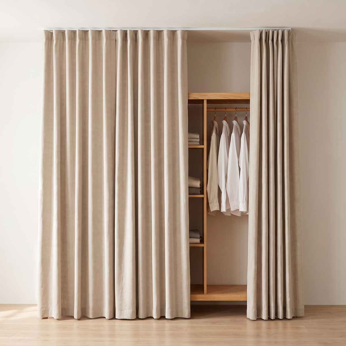 Drape Open Closet with oat linen curtains partly drawn to reveal the ash frame and shirts, straight front view