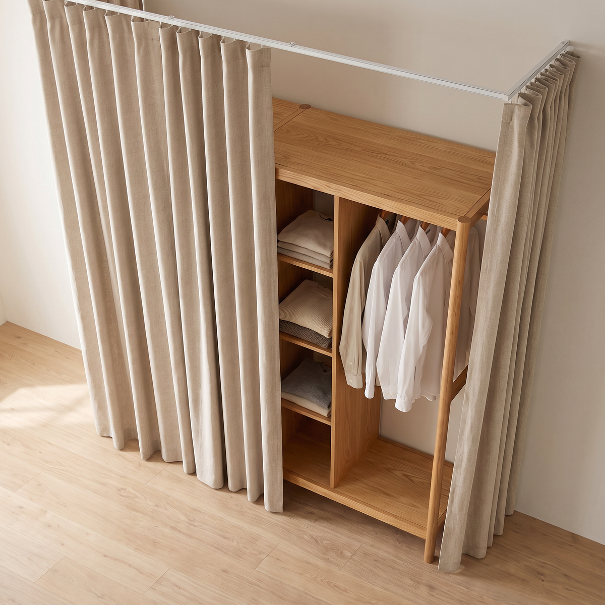 Drape Open Closet ash frame with shelf tower and hanging rail between oat linen curtains, elevated view